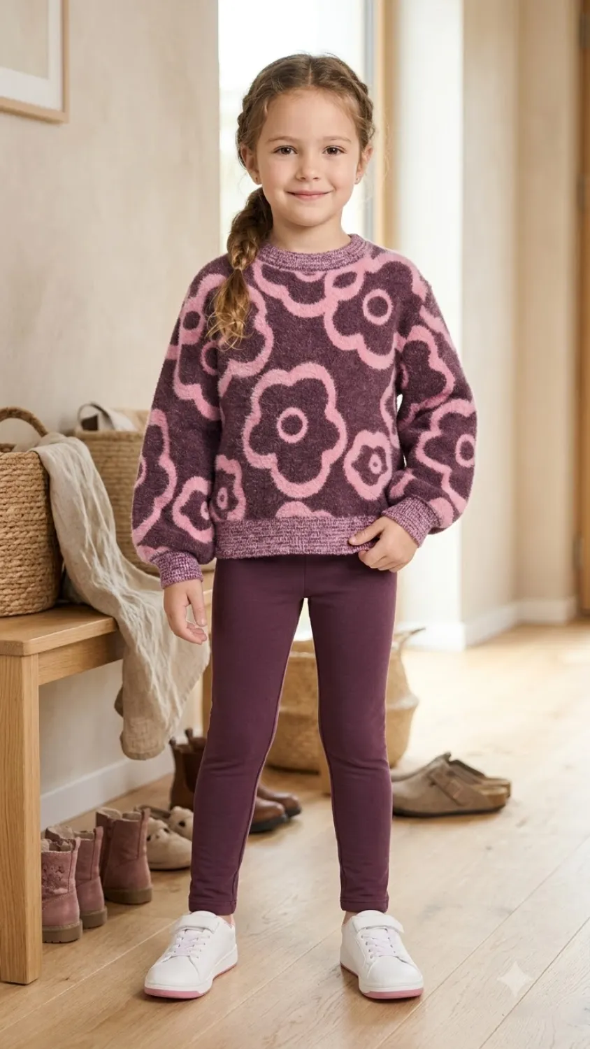 Thermo Fleece Leggings mit elastischem Bund 2 Kuscheliger Strickpullover mit Blumenmuster